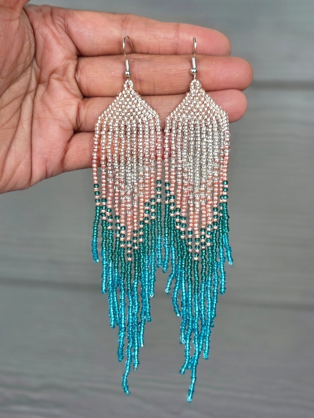 Handmade Coastal Boho Southwestern Beaded Earrings - Ice Ombre Fringe Geo